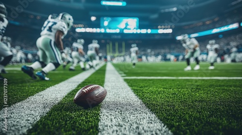 Low-angle view of American football on field with players rushing in background photo