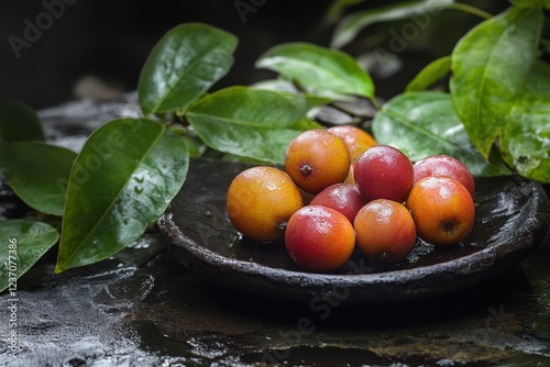 Camu Camu berries and foliage Red semi ripe fruits from wild shrubs along the Rio Negro This fruit Myrciaria dubia has the highest vitamin C content photo