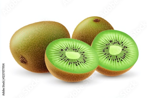 Cartoon style illustration of nutritious kiwi whole and sliced on a white background A healthy snack