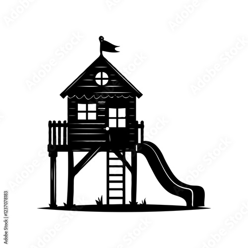 Black silhouette of a wooden treehouse with ladder, slide, and flag on top, isolated on a white background, Concept of childhood playhouse