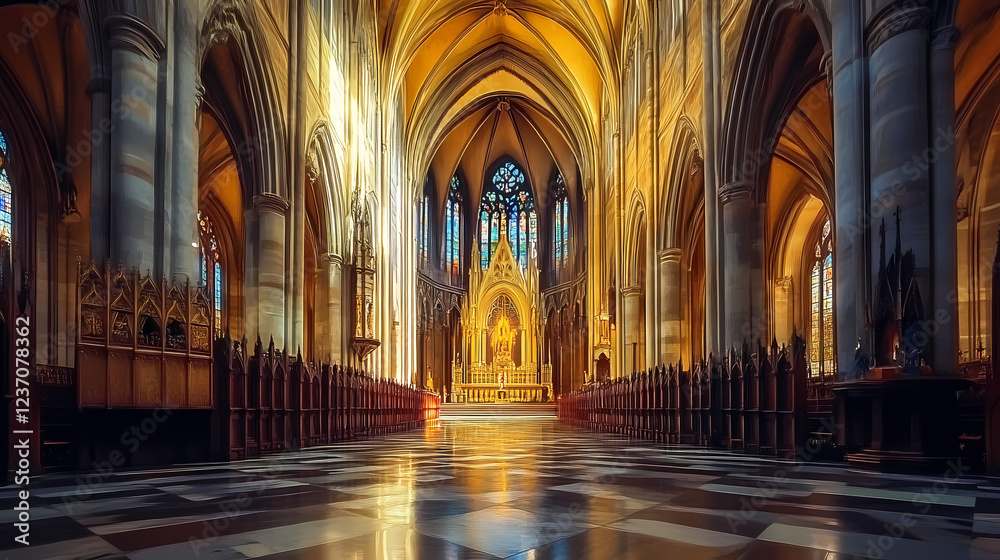 Fototapeta premium Gothic elegance: cathedral interior, hyperrealistic photo. Gothic Elegance. Illustration