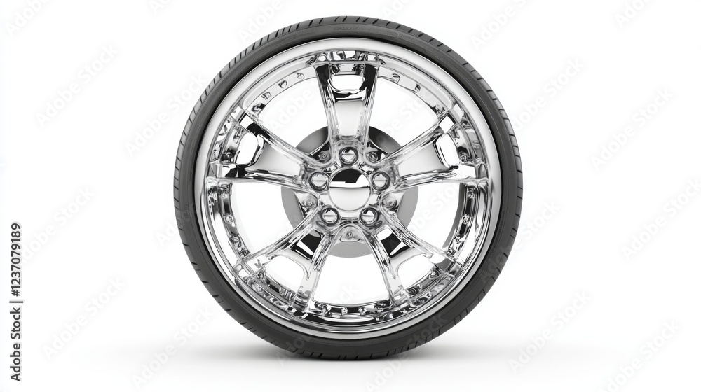 Sleek Chrome Car Wheel with Black Tire: A Close-Up View Sleek Chrome Car Wheel with Black Tire: A Close-Up View