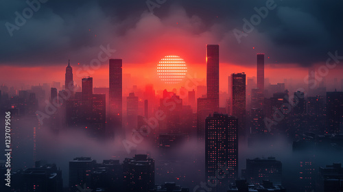 City skyline illuminated by a vibrant sunset casting dramatic shadows over buildings and clouds