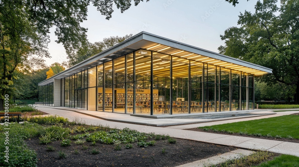 Modern Glass Library Building In A Tranquil Park Setting Modern Glass Library Building In A Tranquil Park Setting