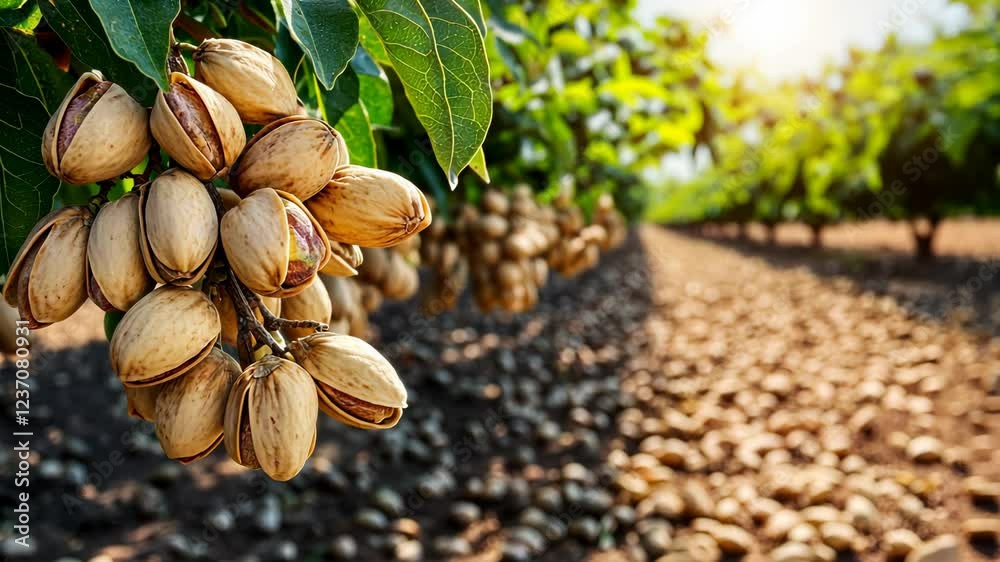 Harvesting pistachios in a sunlit orchard during autumn brings a golden glow to the landscape