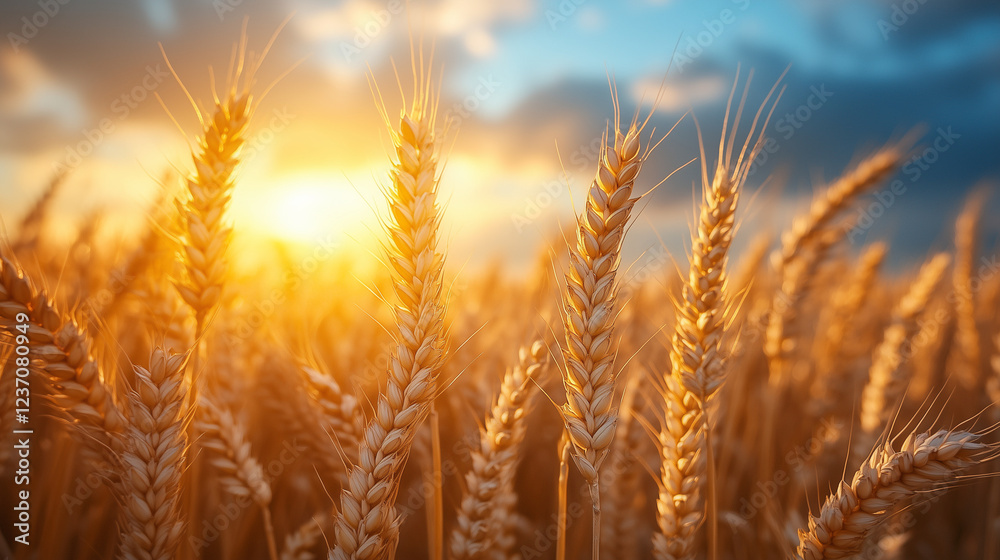 Golden wheat fields basking in sunset glow under a vibrant sky Golden wheat fields basking in sunset glow under a vibrant sky