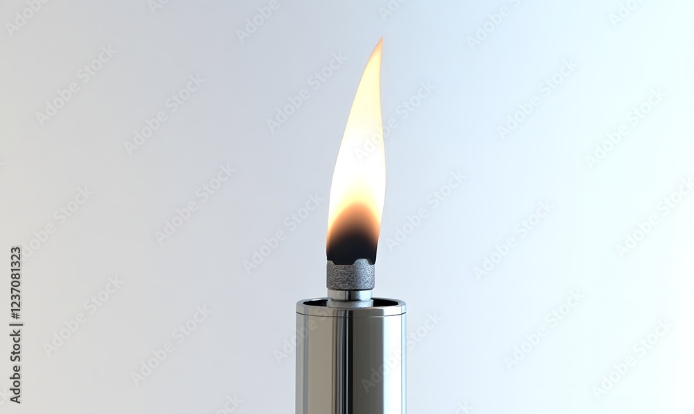 Silver lighter flame close-up, white background, ignition, energy Silver lighter flame close-up, white background, ignition, energy