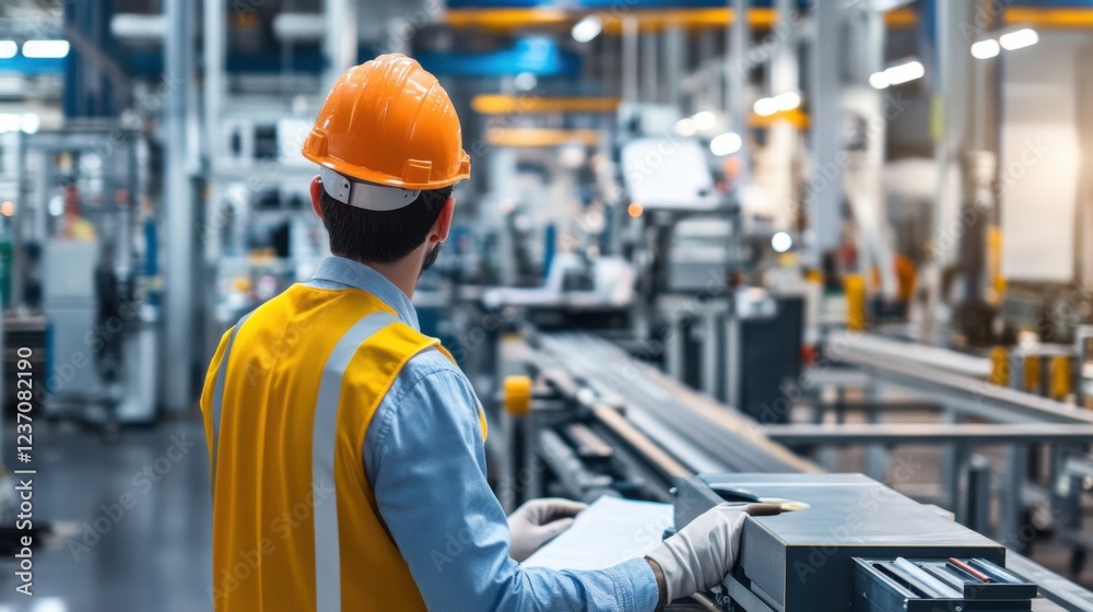 An ergonomic specialist designing safety protocols for assembly line workers in a manufacturing plant, with safety equipment and production line settings visible