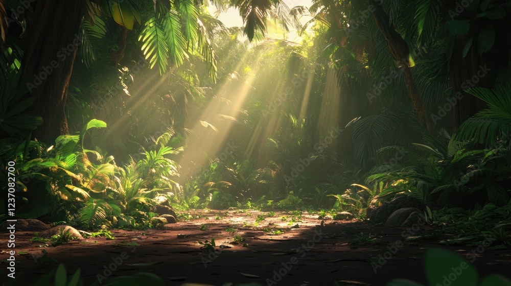 Obraz premium Sunbeams Illuminate Lush Tropical Jungle Path