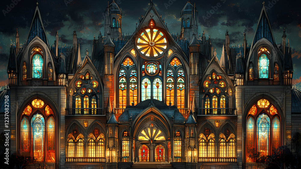 A stunning, ornate castle featuring intricate architectural details, vibrant stained glass, and soaring spires, showcasing elegance and grandeur. Gothic Elegance. Illustration A stunning, ornate castle featuring intricate architectural details, vibrant stained glass, and soaring spires, showcasing elegance and grandeur. Gothic Elegance. Illustration