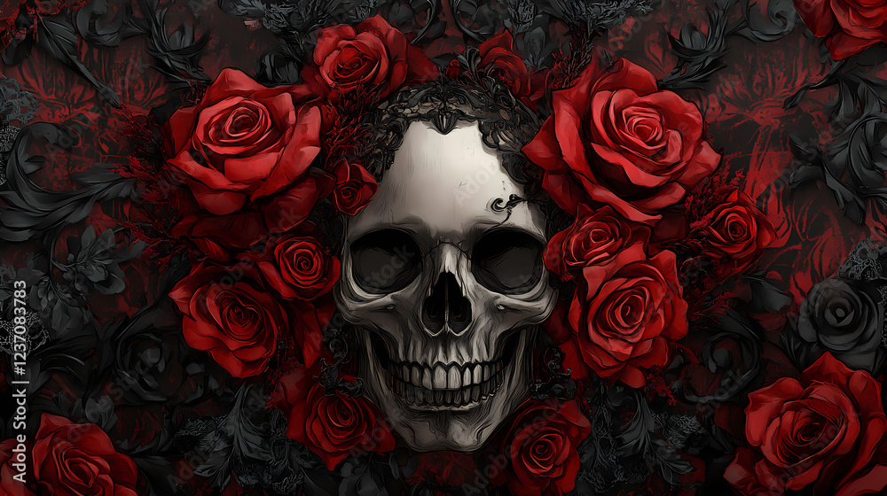 Digital artwork of a skull surrounded by gothic-style red and black roses with intricate lace detailing, symbolizing dark elegance. Gothic Elegance. Illustration Digital artwork of a skull surrounded by gothic-style red and black roses with intricate lace detailing, symbolizing dark elegance. Gothic Elegance. Illustration