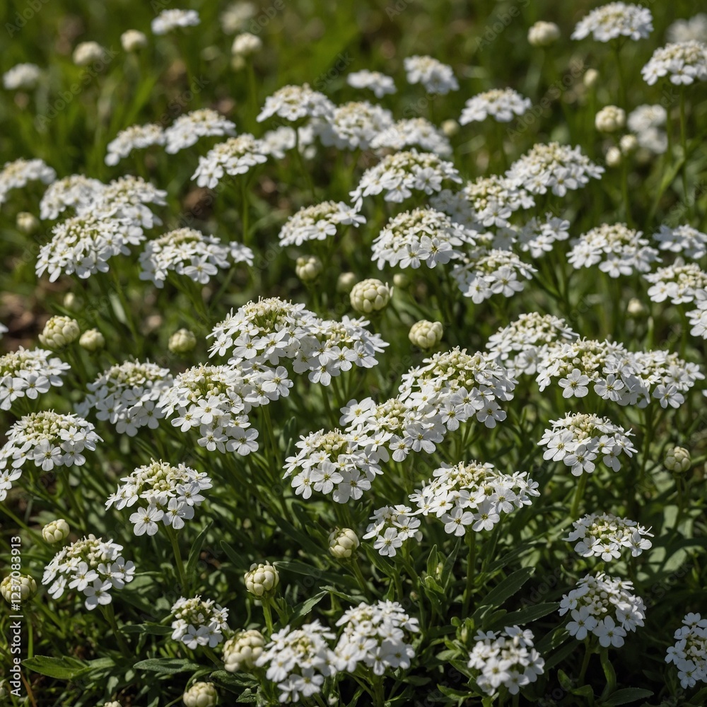 A gentle cluster of white candytuft flowers in a meadow. A gentle cluster of white candytuft flowers in a meadow.