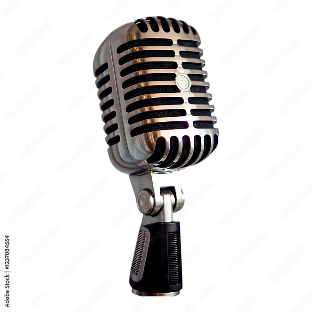 Fototapeta premium Shiny Retro Silver Microphone Standing Tall, Ready for Broadcasting