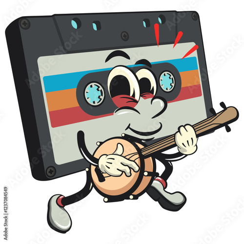 Cute retro cassette vektor illustration mascot character playing the banjo musical instrument, work of hand drawn