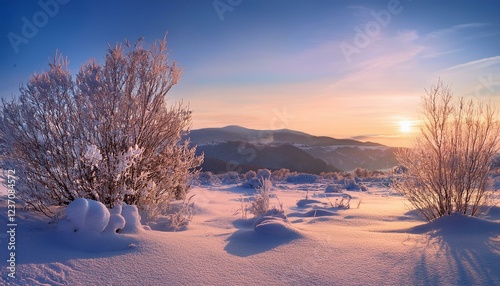 a lovely winter landscape with bushes blanketed in snow and the sky painted via colourful pastel hues of dawn the sun rises over distant hills casting lengthy shadows at the snowy floor under