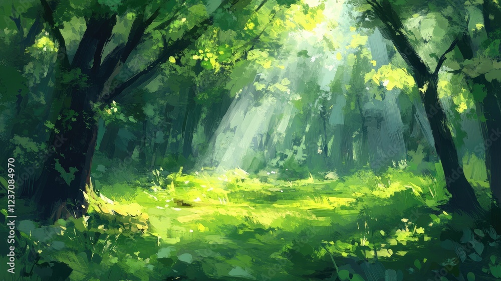 Fototapeta premium Sunlit Forest Clearing Green Canopy Lush Trees