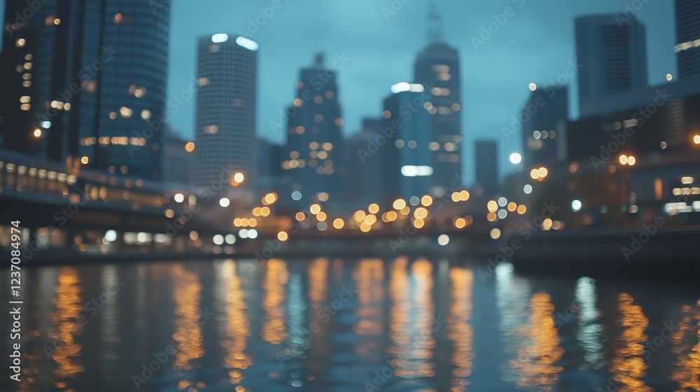 Fototapeta premium Blurred Cityscape at Night With Water Reflections