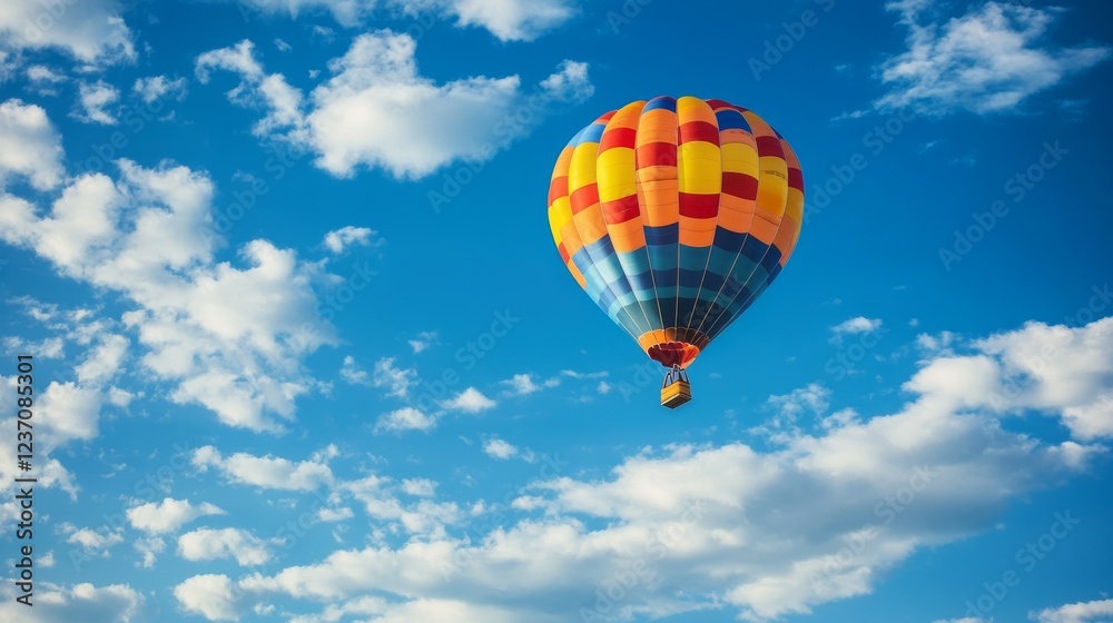 Naklejka premium A colorful hot air balloon soars through the sky during the warm afternoon hours.