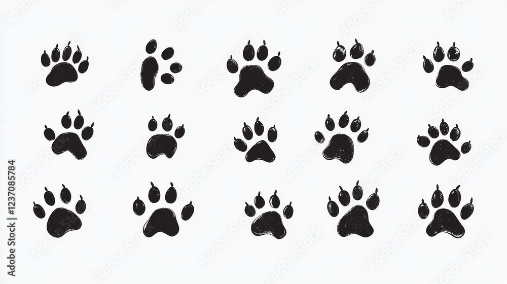 Collection of dog paw prints in various shapes and sizes on a white background. Each paw print is drawn as a vector illustration, making it easy to resize and use in different applications. Collection of dog paw prints in various shapes and sizes on a white background. Each paw print is drawn as a vector illustration, making it easy to resize and use in different applications.