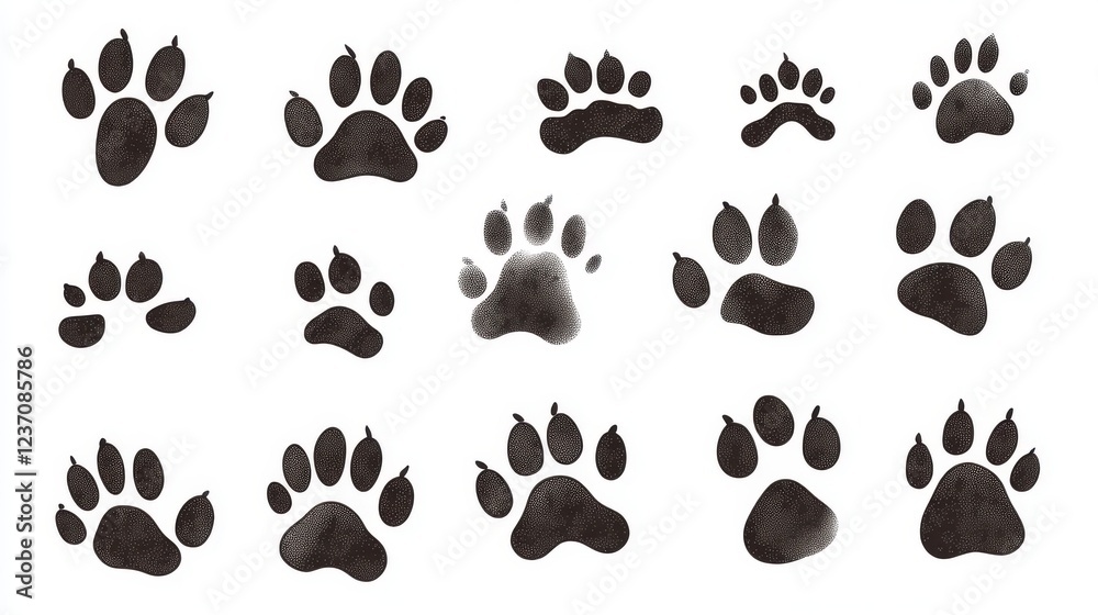 Fototapeta premium Collection of dog paw prints in various shapes and sizes on a white background. Each paw print is drawn as a vector illustration, making it easy to resize and use in different applications.