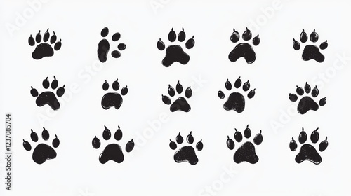 Collection of dog paw prints in various shapes and sizes on a white background. Each paw print is drawn as a vector illustration, making it easy to resize and use in different applications.