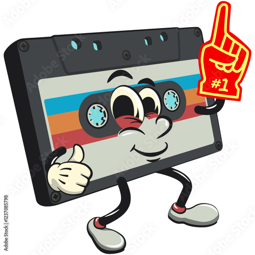 Cute retro cassette vektor illustration mascot character raise foam finger, work of hand drawn