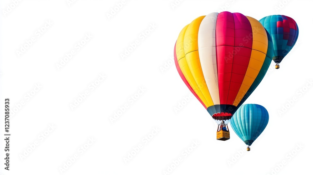 Fototapeta premium Colorful hot air balloons floating above the white space.