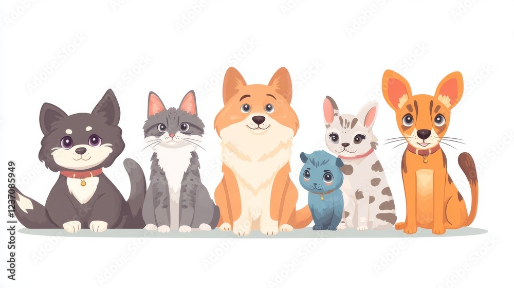 Fototapeta premium Cute pets: cats, dogs, parrots, and rabbits. Different dog breeds: husky, bulldog, schnauzer, doberman. Siberian cat. Cartoon illustrations for pet care.