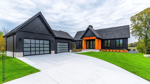 A chic farmhouse-style home with matte black siding