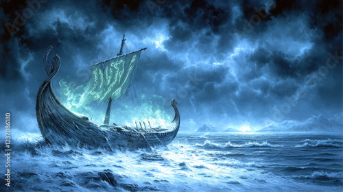 Mysterious Viking Longship at Sea in Storm – Mystical Lighted Sails, Norse Ocean Voyage, Dark Night Clouds, Fantasy Vector Art, Nordic Mythology Seascape