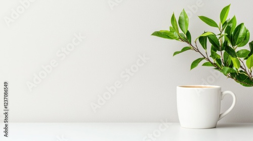 Wallpaper Mural Coffee cup, green plant, minimalist desk, calm background, office workspace Torontodigital.ca