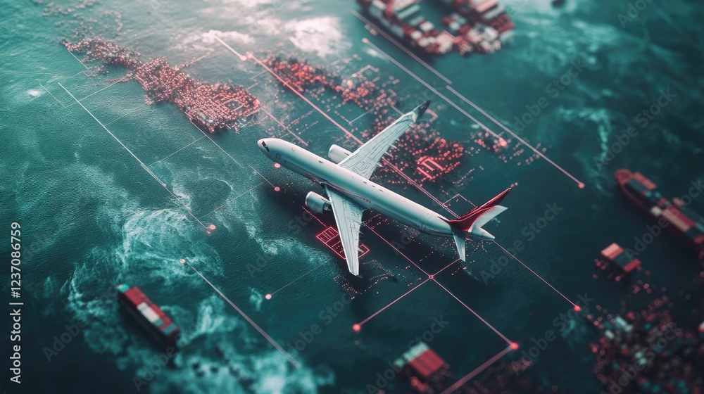 Fototapeta premium Airplane Soaring Above Global Trade Network
