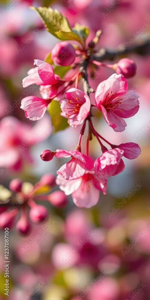 Cherry blossoms bloom beautifully in spring sunlight, creating a captivating landscape in a serene garden setting Cherry blossoms bloom beautifully in spring sunlight, creating a captivating landscape in a serene garden setting