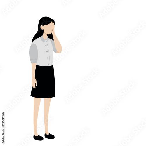 Cartoon sad girl full length put her hand to her head, faceless illustration, flat style, isolate on white