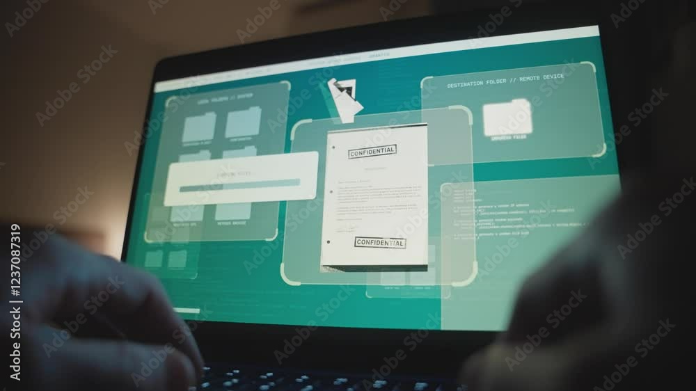 Hands type on laptop computer keyboard while transferring top secret files. Hacker breaching secure system online copying sensitive information and confidential documents in cyber crime activity