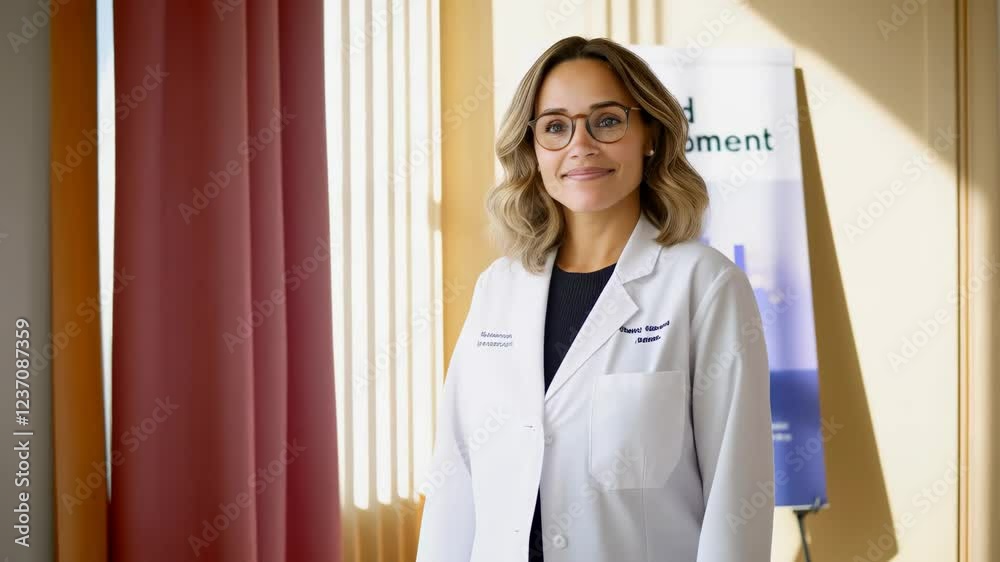 A pediatrician stands proudly beside a child development chart radiating expertise and care A pediatrician stands proudly beside a child development chart radiating expertise and care