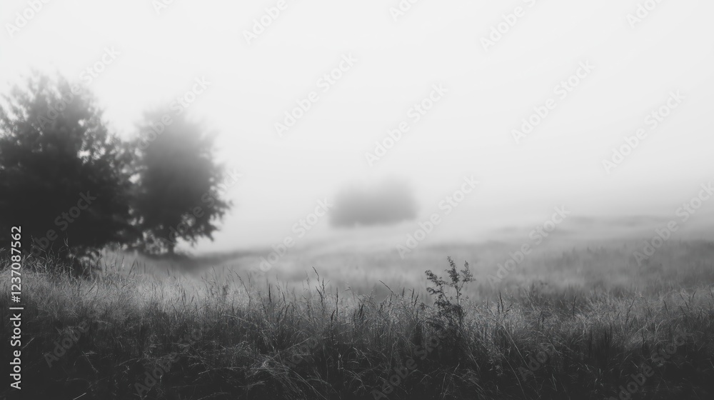 Obraz premium Misty Field with Two Trees Monochromatic Landscape Photography
