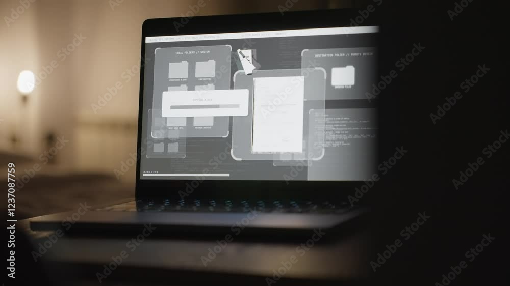 In dark room a computer laptop shows hack into secure system stealing files. Copying and transferring top secret and confidential information and documents from government database with cyber access