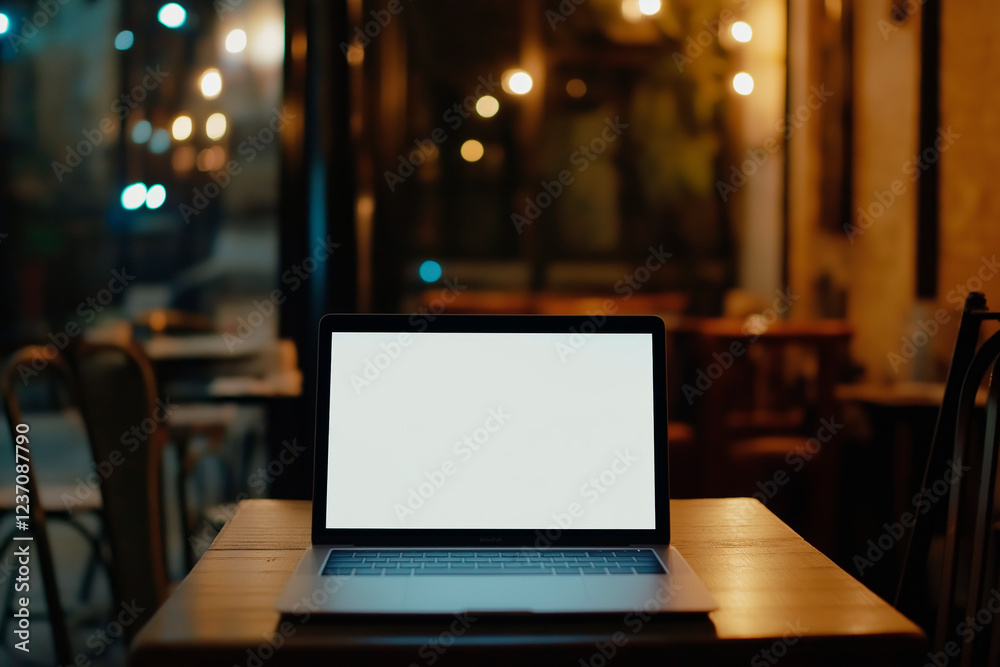 Open laptop with a blank screen on a wooden table in a dimly lit cozy café at night, mockup Open laptop with a blank screen on a wooden table in a dimly lit cozy café at night, mockup