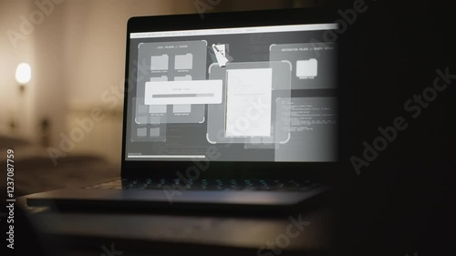 In dark room a computer laptop shows hack into secure system stealing files. Copying and transferring top secret and confidential information and documents from government database with cyber access