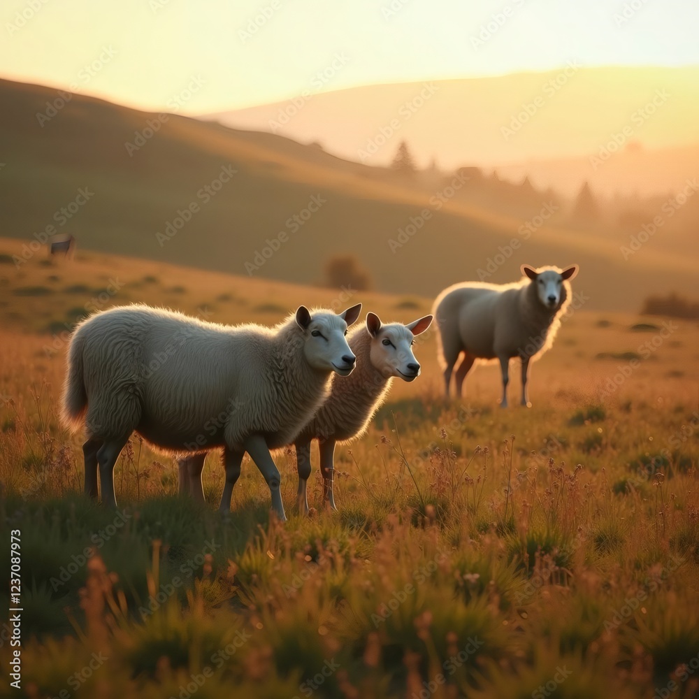Fototapeta premium Three Sheep Grazing in a Sunlit Meadow with Rolling Hills at Sunset B7W2