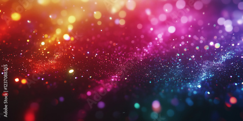 Abstract glittery banner with rainbow shining particles on black background, sparkling light.