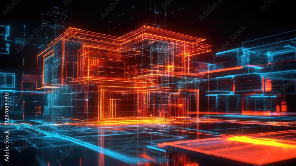 Obraz premium Modern House Architectural Wireframe Design Visualization