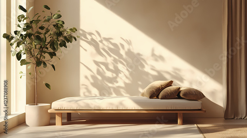 Minimalist interior design: sunlit daybed with plant. Muted Earthtones. Illustration photo