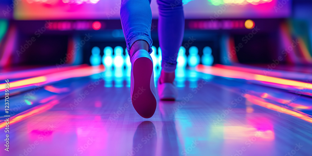 Fototapeta premium Close-up on legs of an adult playing bowling with glowing bowling ball. Active leisure for young adults.