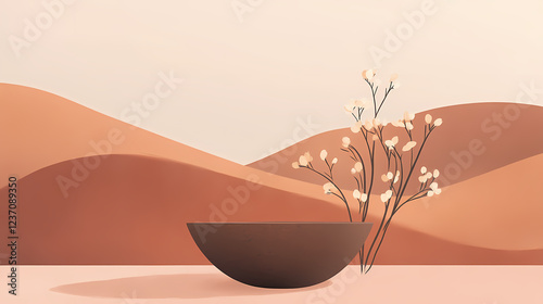 Serene desert landscape with minimalist flora and bowl. Muted Earthtones. Illustration photo