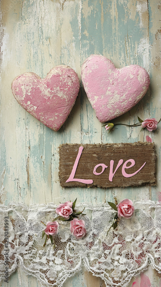 Pink Valentine hearts, love word and lace with copy space