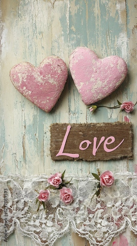 Pink Valentine hearts, love word and lace with copy space