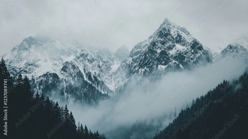 Fototapeta premium Majestic snow capped mountains shrouded in mist