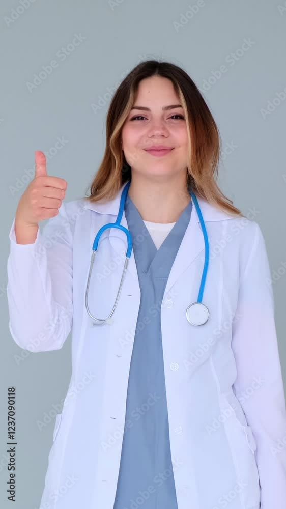 Friendly female Caucasian young adult intern or practitioner showing thumbs up or like gesture in satisfaction, standing on blue background. Vertical video. Friendly female Caucasian young adult intern or practitioner showing thumbs up or like gesture in satisfaction, standing on blue background. Vertical video.